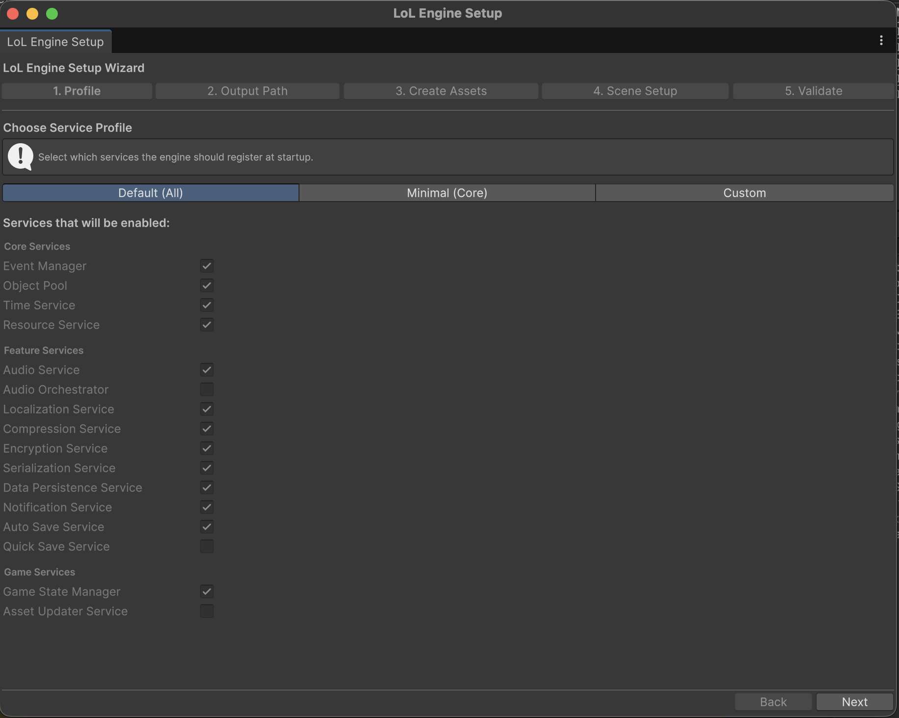 Setup Wizard step 1, choosing a service profile