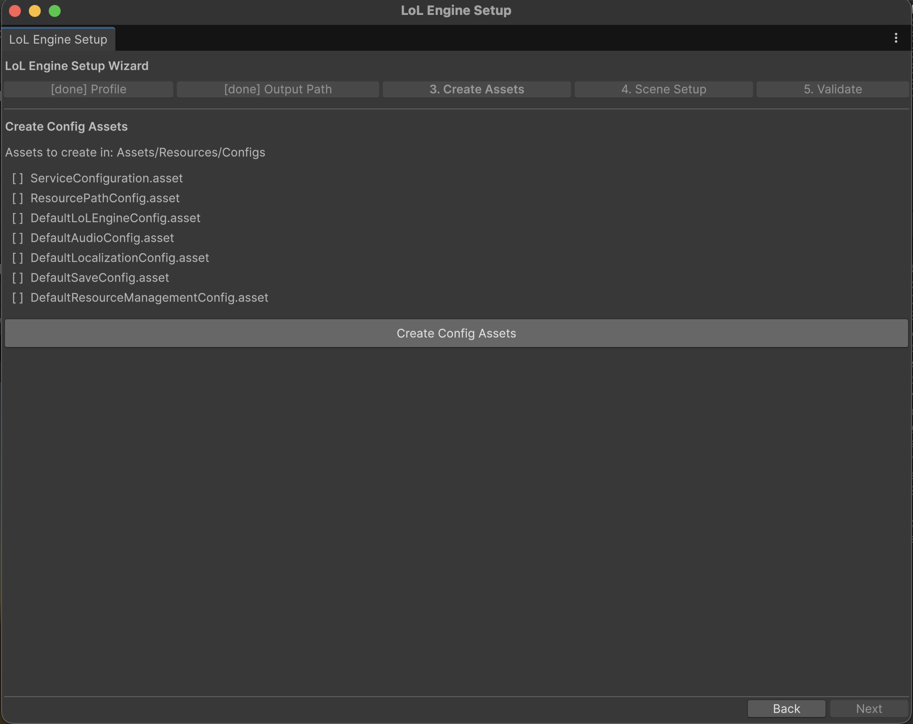 Setup Wizard step 3, the planned-asset checklist before creation