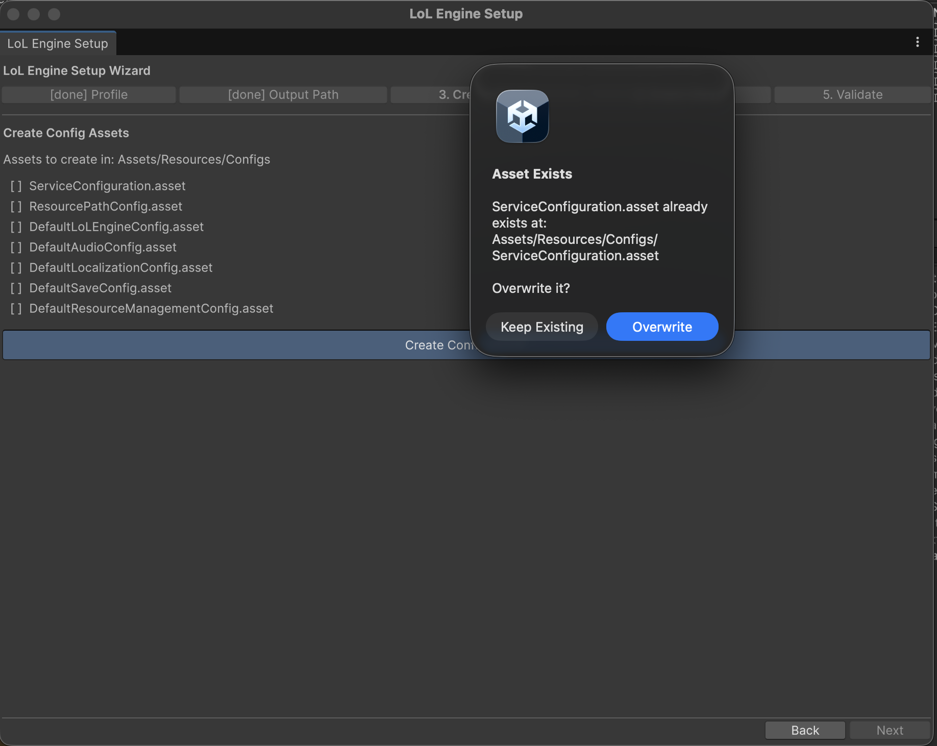 Setup Wizard overwrite prompt for an existing asset